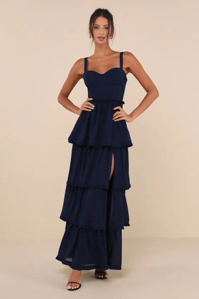 Lulus Sophisticated Occasion Navy Blue Bustier Lace-up Maxi Dress