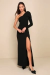 Lulus Sophisticated Poise Black Bow One-shoulder Maxi Dress In Black