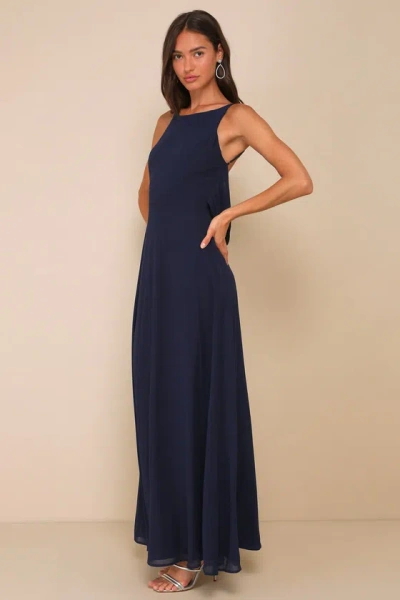 Lulus Sophisticated Pose Navy Chiffon Boat Neck Backless Maxi Dress