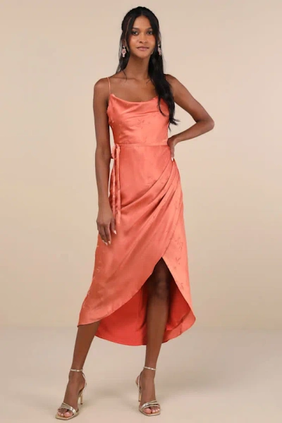 Lulus Sophisticated Sight Peach Satin Jacquard Cowl Midi Dress