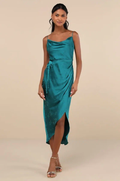 Lulus Sophisticated Sight Teal Green Satin Jacquard Cowl Midi Dress