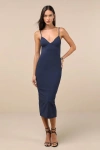 Lulus Sophisticated Soiree Navy Blue Bustier Midi Bodycon Dress In Navy Blue