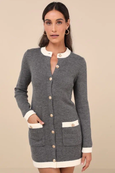 Lulus Sophisticatedly Cozy Grey And Ivory Button-up Sweater Mini Dress