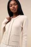 Lulus Sparkling Appeal Heather Cream Rhinestone Sweater In Beige