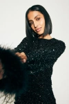 Lulus Sparkling Behavior Sequin Feather Long Sleeve Crop Top In Black