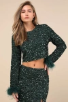 Lulus Sparkling Behavior Emerald Green Sequin Feather Long Sleeve Top In Emerald Green