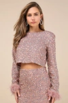 Lulus Sparkling Behavior Mauve Pink Sequin Feather Long Sleeve Top In Mauve Pink