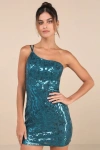 Lulus Sparkling Persuasion Teal Blue Sequin One-shoulder Mini Dress In Teal Blue