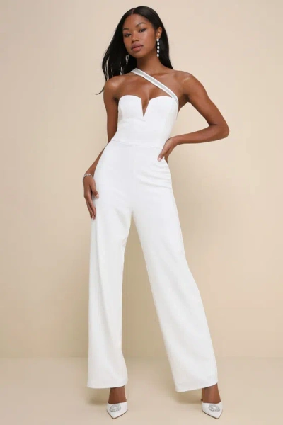 Lulus Sparkling Praise White Notched Rhinestone One-shoulder Jumpsuit