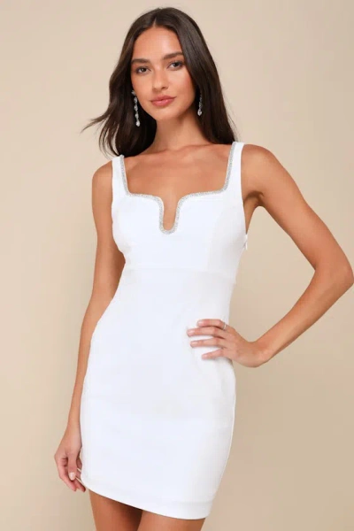 Lulus Sparkling Presence White Rhinestone Notched Bodycon Mini Dress