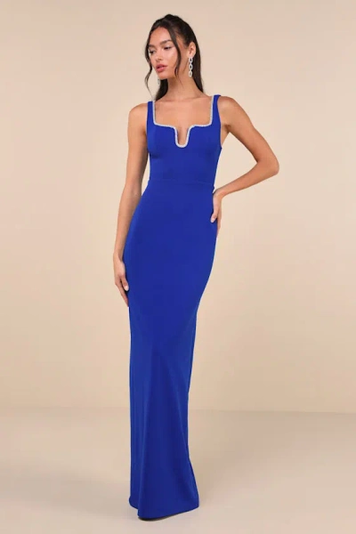 Lulus Sparkling Serenity Cobalt Blue Rhinestone Notched Maxi Dress