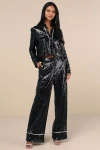Lulus Sparkly Mood Black Sequin High Rise Wide-leg Pants In Black