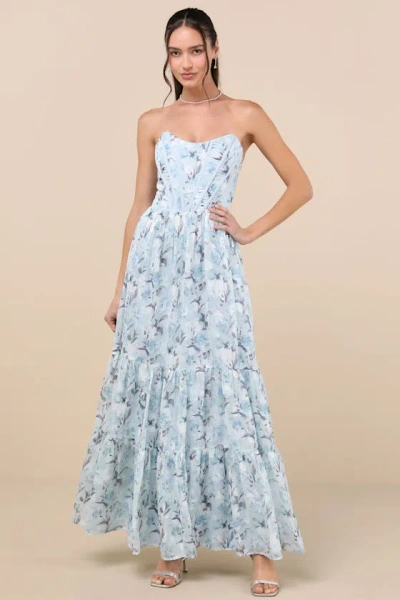 Lulus Special Moment Light Blue Floral Strapless Bustier Maxi Dress
