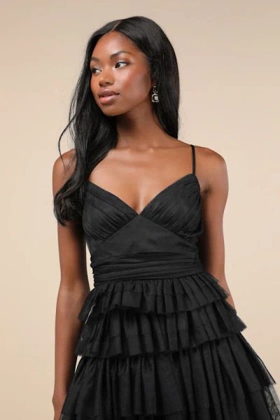 Lulus Special Poise Black Tulle Pleated Sleeveless Tiered Mini Dress