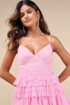 Lulus Special Poise Pink Tulle Pleated Sleeveless Tiered Mini Dress In Pink