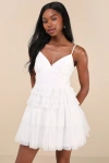 Lulus Special Poise White Tulle Pleated Sleeveless Tiered Mini Dress In White