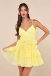 Lulus Special Poise Yellow Tulle Pleated Sleeveless Tiered Mini Dress In Yellow