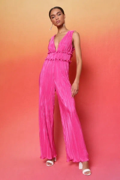 Lulus Spectacular Aura Hot Pink Satin Plisse V-neck Wide-leg Jumpsuit