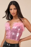 Lulus Spectacular Muse Pink Sequin Feather Cropped Cami Top In Pink