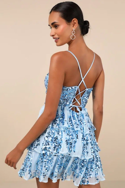 Lulus Spectacular Party Light Blue Sequin Tiered Lace-up Mini Dress