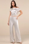 Lulus Spectacular Shimmer Champagne Lurex Plisse Wide-leg Pants In Champagne