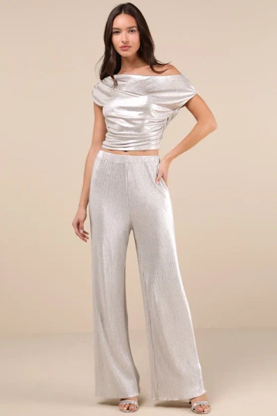 Lulus Spectacular Shimmer Champagne Lurex Plisse Wide-leg Pants