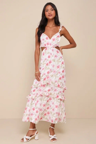 Lulus Spectacularly Gorgeous White Floral Cutout Ruffled Maxi Dress