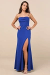 Lulus Spellbinding Allure Blue Bustier Strapless Mermaid Maxi Dress In Blue