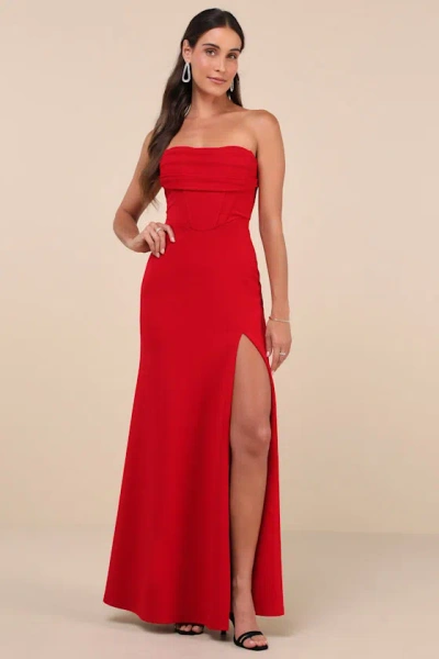 Lulus Spellbinding Allure Red Bustier Strapless Mermaid Maxi Dress