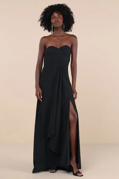 Lulus Splendid Aura Black Chiffon Pleated Strapless Maxi Dress