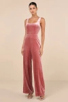 Lulus Splendidly Stunning Dusty Rose Velvet Lace-up Wide-leg Jumpsuit In Dusty Rose