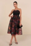 Lulus Splendidly Yours Black Floral Organza Mesh Strapless Midi Dress In Black
