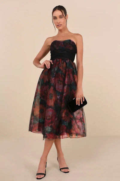 Lulus Splendidly Yours Black Floral Organza Mesh Strapless Midi Dress