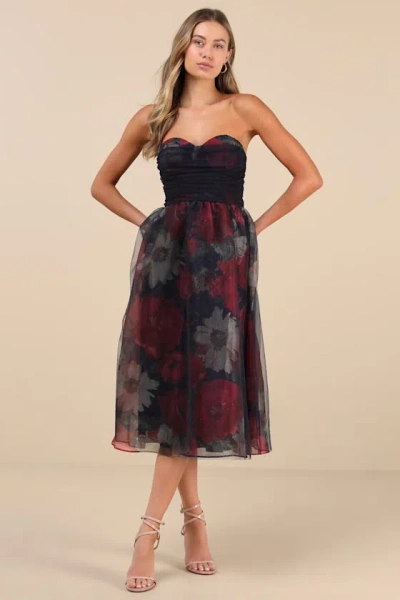 Lulus Splendidly Yours Navy Floral Organza Mesh Strapless Midi Dress