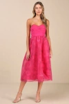 Lulus Splendidly Yours Pink Floral Organza Mesh Strapless Midi Dress In Pink