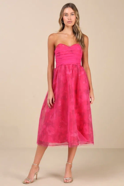 Lulus Splendidly Yours Pink Floral Organza Mesh Strapless Midi Dress