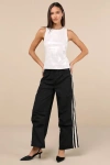 Lulus Sporty Sweetie Black Nylon Drawstring Wide-leg Athletic Pants In Black