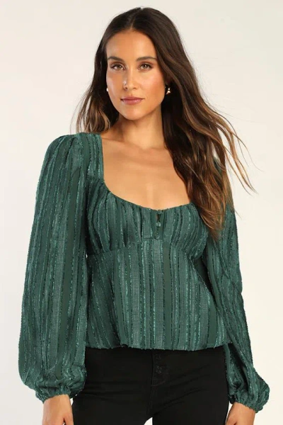 Lulus Spread The Cheer Emerald Textured Square Neck Long Sleeve Top In Green