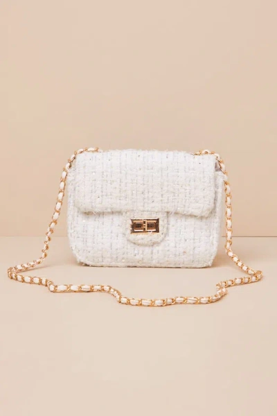 Lulus Spring Cheer White Tweed Crossbody Bag