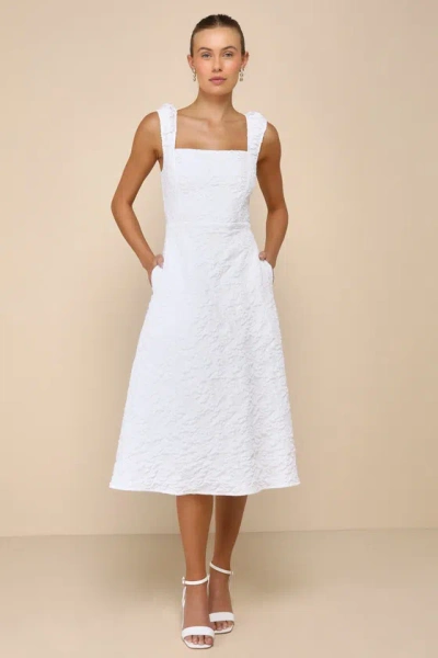 Lulus Springtime Aura White Jacquard Lace-up Midi Dress With Pockets