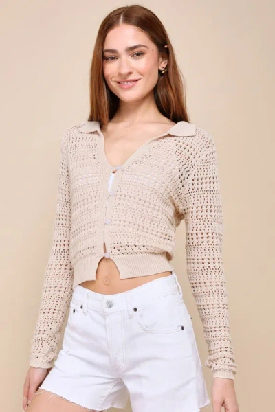 Lulus Springtime Cutie Beige Crochet Collared Cardigan Sweater