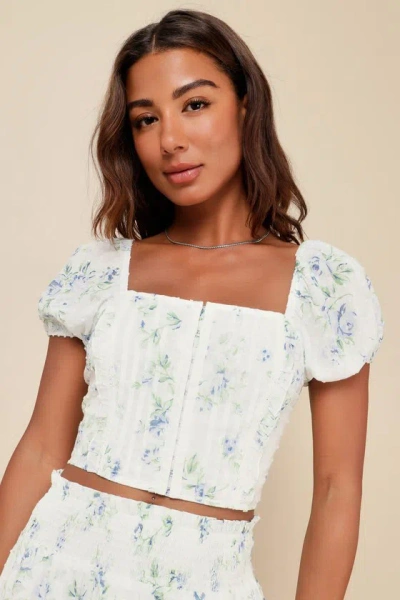 Lulus Springtime Sentiments White Floral Swiss Dot Puff Sleeve Top