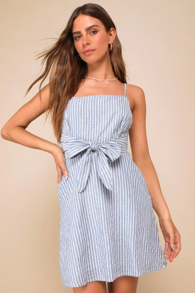 Lulus St. Tropez Trip Blue And White Striped Tie-front Mini Dress | ModeSens