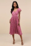 Lulus Standout Sophistication Mauve Lurex Flutter Sleeve Midi Dress In Mauve