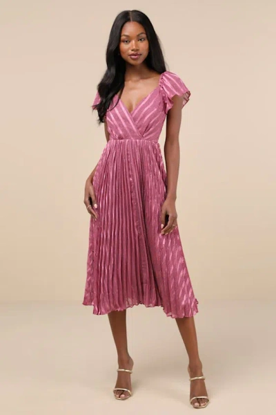 Lulus Standout Sophistication Mauve Lurex Flutter Sleeve Midi Dress