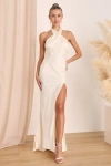 Lulus Start Of Forever Ivory Satin Halter Mermaid Maxi Dress In Ivory
