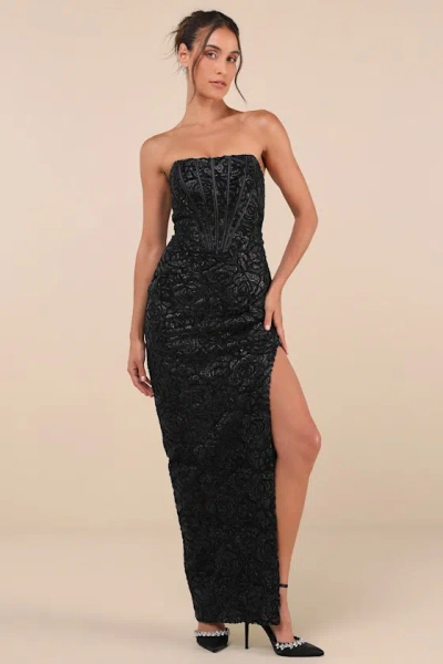 Lulus Stately Aura Black Mesh Velvet Strapless Bustier Maxi Dress