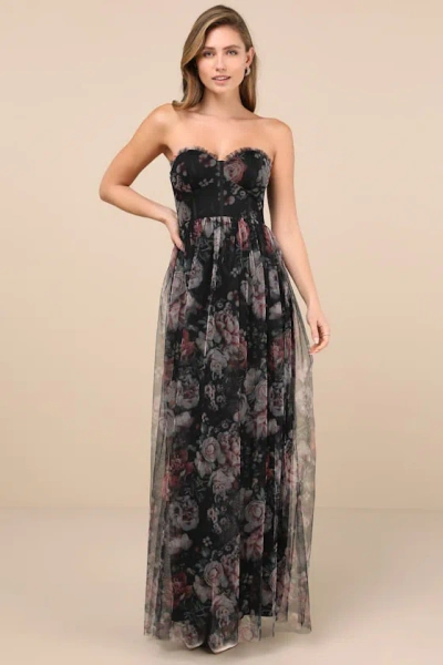 Lulus Stately Entrance Black Floral Mesh Strapless Maxi Dress