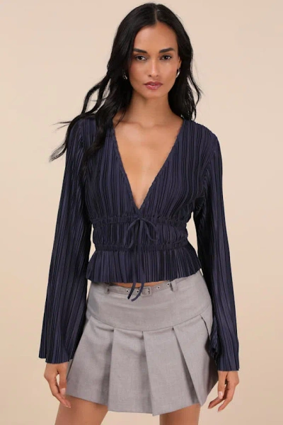 Lulus Staying Optimistic Navy Pleated Bell Sleeve Top