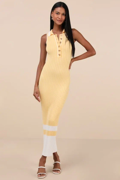 Lulus Stefany Yellow Ribbed Knit Collared Midi Sweater Dress